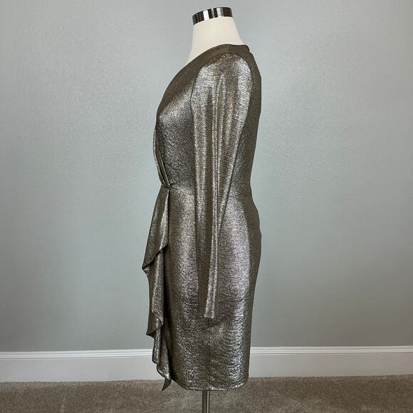 Ralph Lauren Gold Metallic Long Sleeve Cocktail Dress Size 14 V-Neck Sheath - Picture 5 of 13